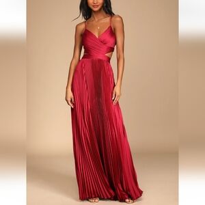 Lulus NWT Got the Glam Wine Red Pleated Cutout Maxi Dress
